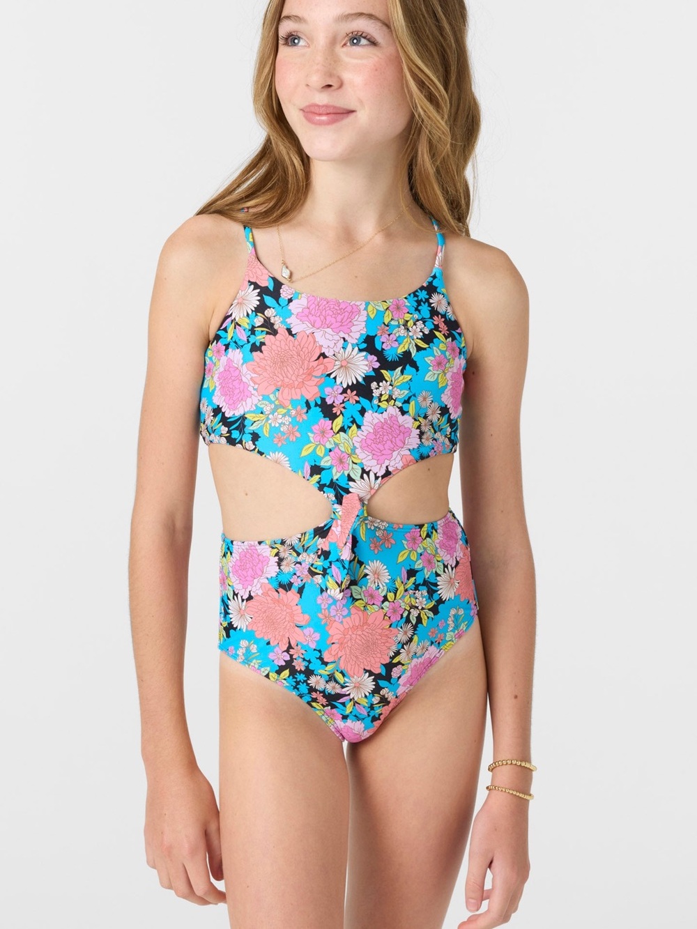O'Neill Girls' Floral Cutout One-Piece Swimsuit in Blue and Pink